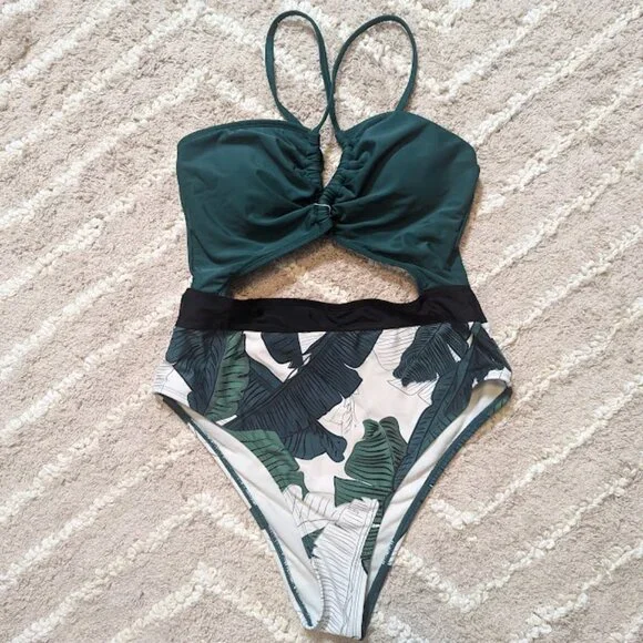 Tropical One Piece Plunge Neckline Cutout Criss Cross Swimsuit Size M - Picture 3 of 7